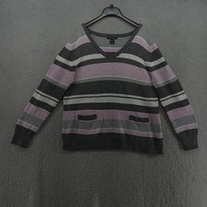Tahari Sweater‎ Womens Large Pink White Gray Multi Striped V Neck Pullover Knit